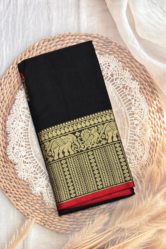 Narayanpet Cotton Saree – Elephant Thread Weave Border with Striped Pallu-MNC02-Black