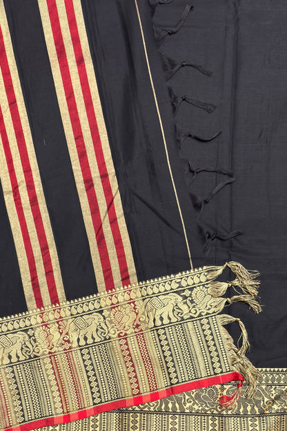 Narayanpet Cotton Saree – Elephant Thread Weave Border with Striped Pallu-MNC02-Black