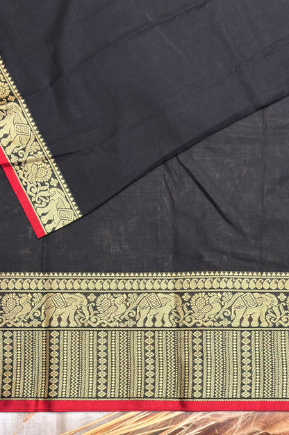 Narayanpet Cotton Saree – Elephant Thread Weave Border with Striped Pallu-MNC02-Black