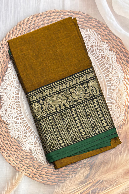 Narayanpet Cotton Saree – Elephant Thread Weave Border with Striped Pallu-MNC06-Mustard
