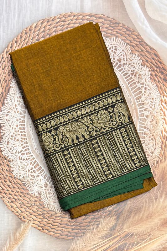 Narayanpet Cotton Saree – Elephant Thread Weave Border with Striped Pallu-MNC06-Mustard