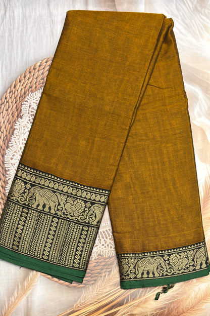 Narayanpet Cotton Saree – Elephant Thread Weave Border with Striped Pallu-MNC06-Mustard