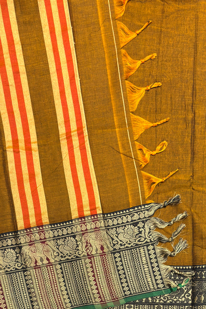 Narayanpet Cotton Saree – Elephant Thread Weave Border with Striped Pallu-MNC06-Mustard