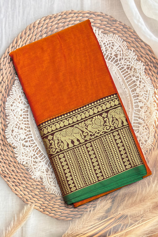 Narayanpet Cotton Saree – Elephant Thread Weave Border with Striped Pallu-MNC07-Orange with coffee