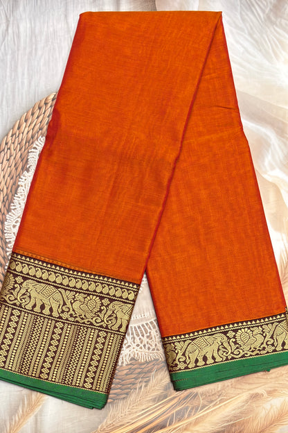 Narayanpet Cotton Saree – Elephant Thread Weave Border with Striped Pallu-MNC07-Orange with coffee