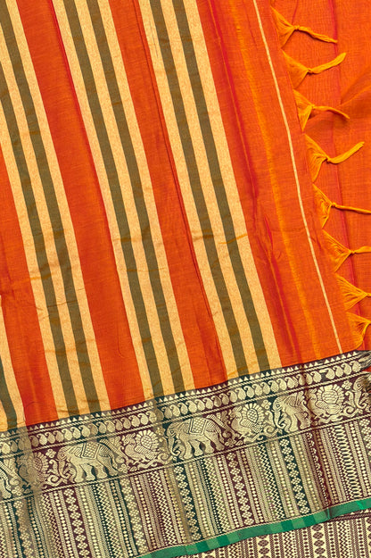 Narayanpet Cotton Saree – Elephant Thread Weave Border with Striped Pallu-MNC07-Orange with coffee