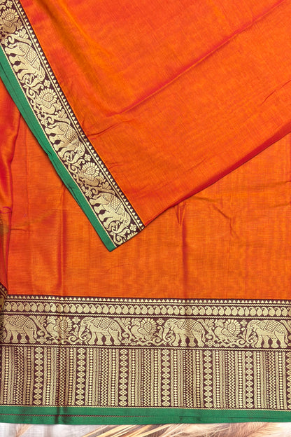 Narayanpet Cotton Saree – Elephant Thread Weave Border with Striped Pallu-MNC07-Orange with coffee