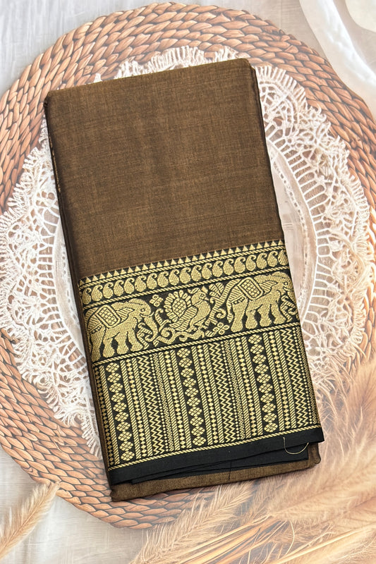 Narayanpet Cotton Saree – Elephant Thread Weave Border with Striped Pallu-MNC04-Olive brown