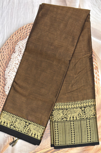 Narayanpet Cotton Saree – Elephant Thread Weave Border with Striped Pallu-MNC04-Olive brown