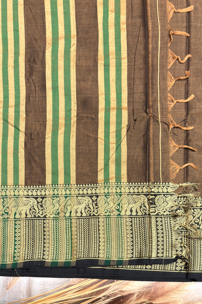 Narayanpet Cotton Saree – Elephant Thread Weave Border with Striped Pallu-MNC04-Olive brown