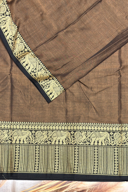 Narayanpet Cotton Saree – Elephant Thread Weave Border with Striped Pallu-MNC04-Olive brown