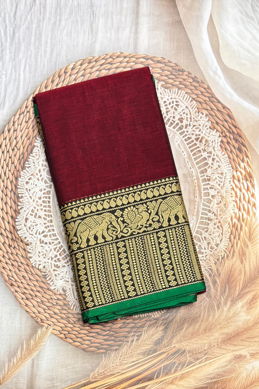Narayanpet Cotton Saree – Elephant Thread Weave Border with Striped Pallu-MNC03-Maroon