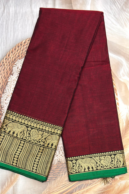 Narayanpet Cotton Saree – Elephant Thread Weave Border with Striped Pallu-MNC03-Maroon