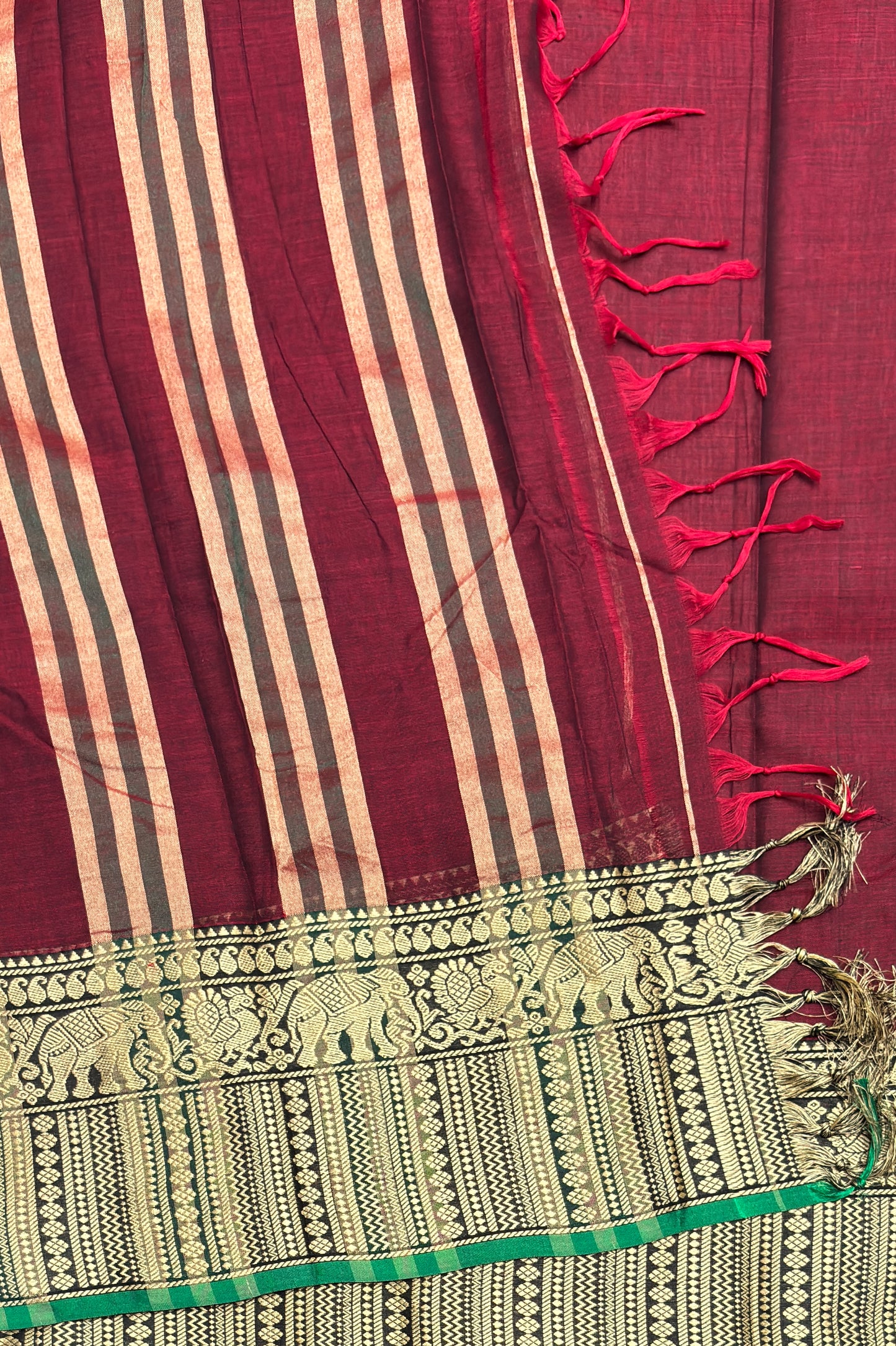 Narayanpet Cotton Saree – Elephant Thread Weave Border with Striped Pallu-MNC03-Maroon