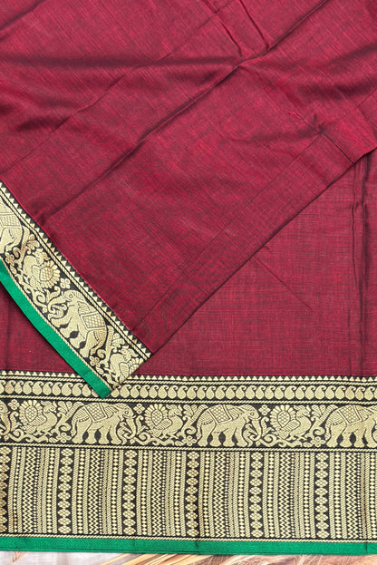 Narayanpet Cotton Saree – Elephant Thread Weave Border with Striped Pallu-MNC03-Maroon