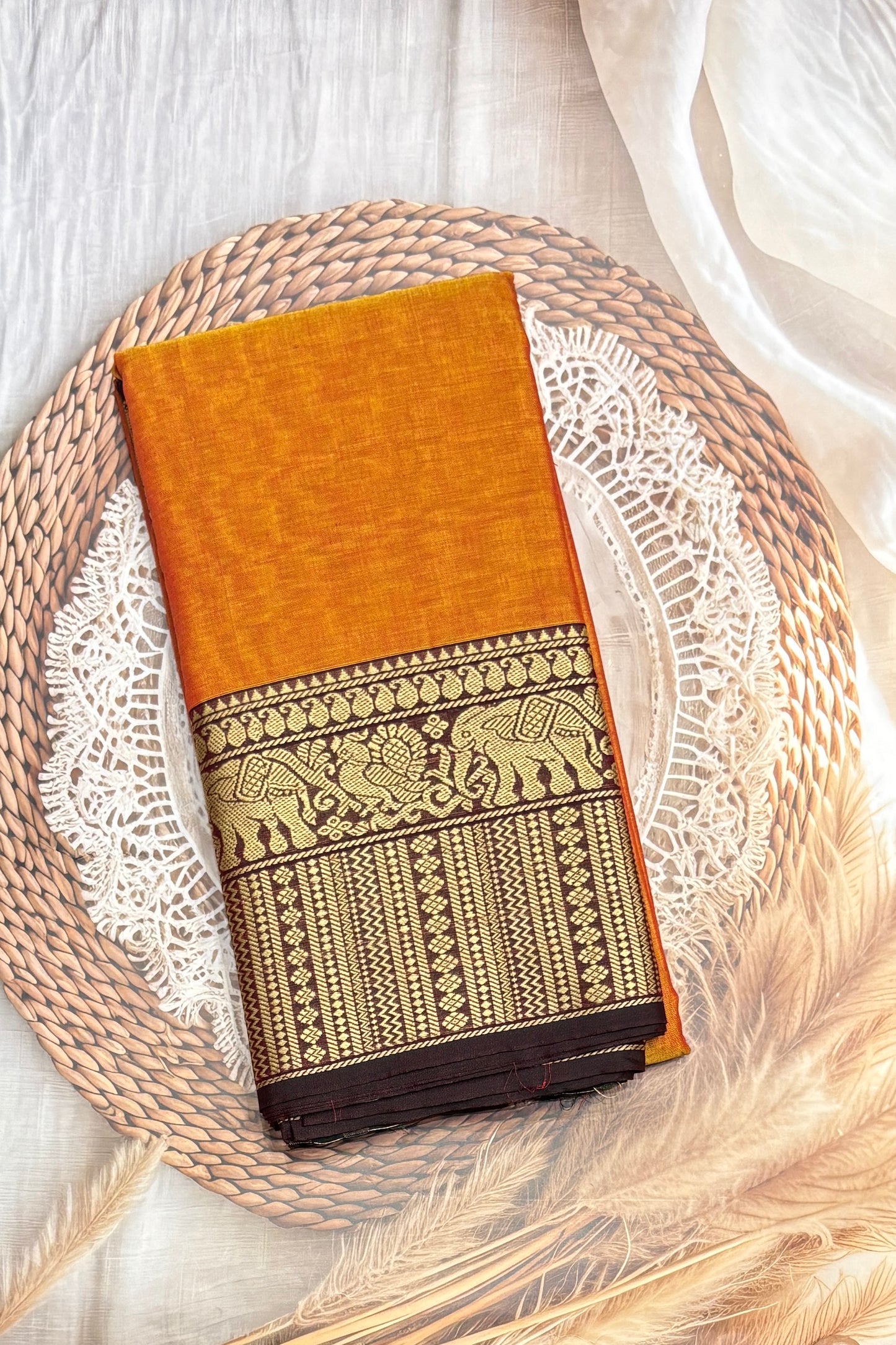 Narayanpet Cotton Saree – Elephant Thread Weave Border with Striped Pallu-MNC08-Yellow(Dual tone)