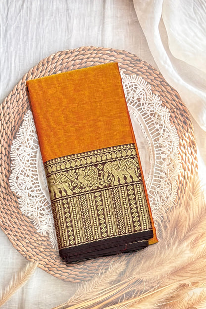 Narayanpet Cotton Saree – Elephant Thread Weave Border with Striped Pallu-MNC08-Yellow(Dual tone)