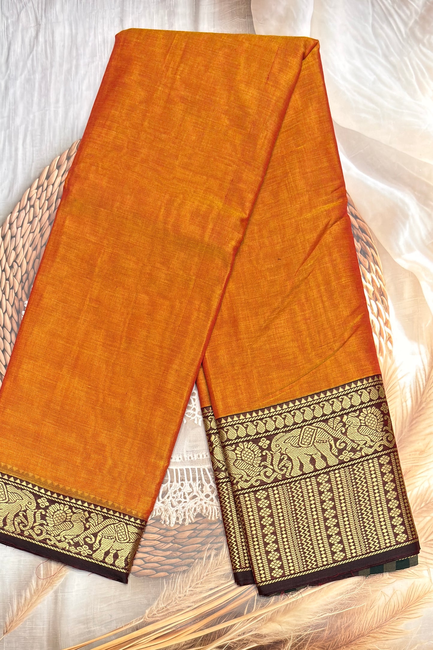 Narayanpet Cotton Saree – Elephant Thread Weave Border with Striped Pallu-MNC08-Yellow(Dual tone)