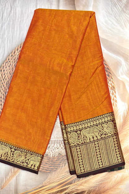 Narayanpet Cotton Saree – Elephant Thread Weave Border with Striped Pallu-MNC08-Yellow(Dual tone)