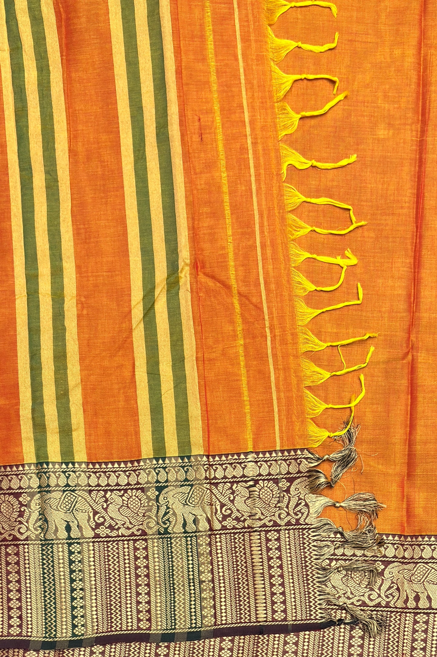 Narayanpet Cotton Saree – Elephant Thread Weave Border with Striped Pallu-MNC08-Yellow(Dual tone)