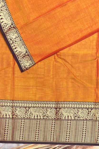 Narayanpet Cotton Saree – Elephant Thread Weave Border with Striped Pallu-MNC08-Yellow(Dual tone)