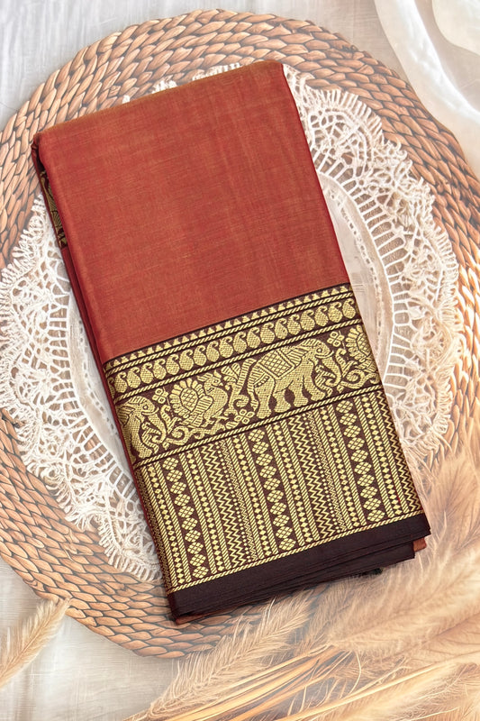 Narayanpet Cotton Saree – Elephant Thread Weave Border with Striped Pallu-MNC09-Onion