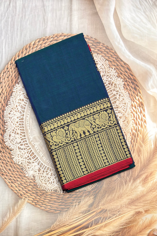 Narayanpet Cotton Saree – Elephant Thread Weave Border with Striped Pallu-MNC05-Peacock Blue