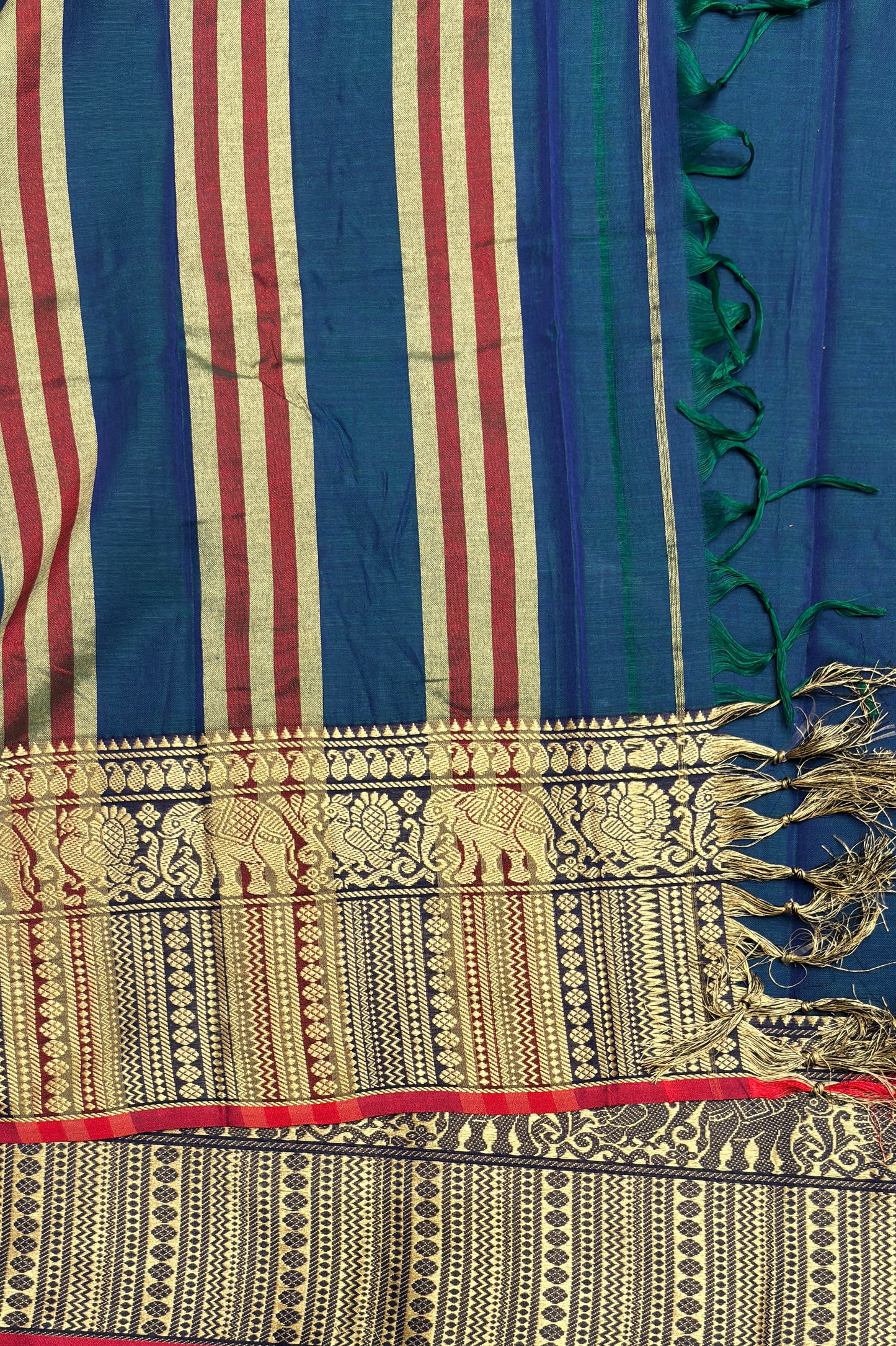 Narayanpet Cotton Saree – Elephant Thread Weave Border with Striped Pallu-MNC05-Peacock Blue