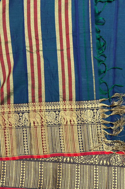 Narayanpet Cotton Saree – Elephant Thread Weave Border with Striped Pallu-MNC05-Peacock Blue