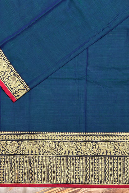 Narayanpet Cotton Saree – Elephant Thread Weave Border with Striped Pallu-MNC05-Peacock Blue