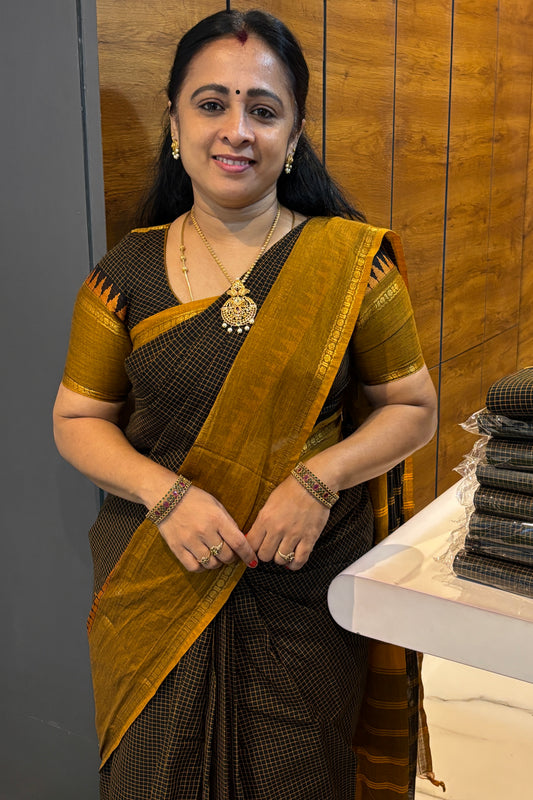 Meenakshi - Kanchi  Cotton | Black With Mustard | MCK35