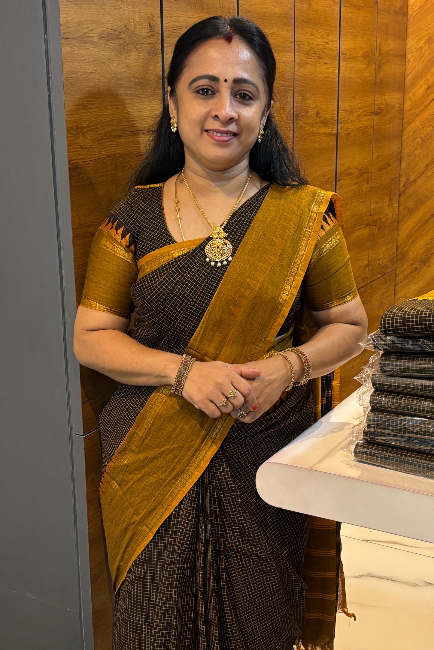 Meenakshi - Kanchi  Cotton | Black With Mustard | MCK35