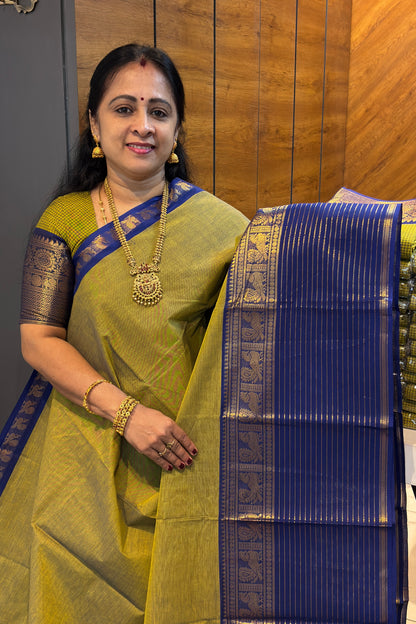 Meenakshi -Premium Kanchi Cotton Saree–Green with Royal Blue| MCK125