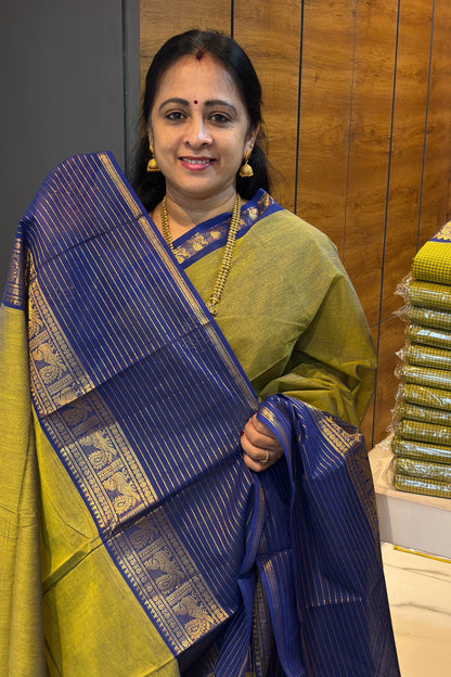 Meenakshi -Premium Kanchi Cotton Saree–Green with Royal Blue| MCK125