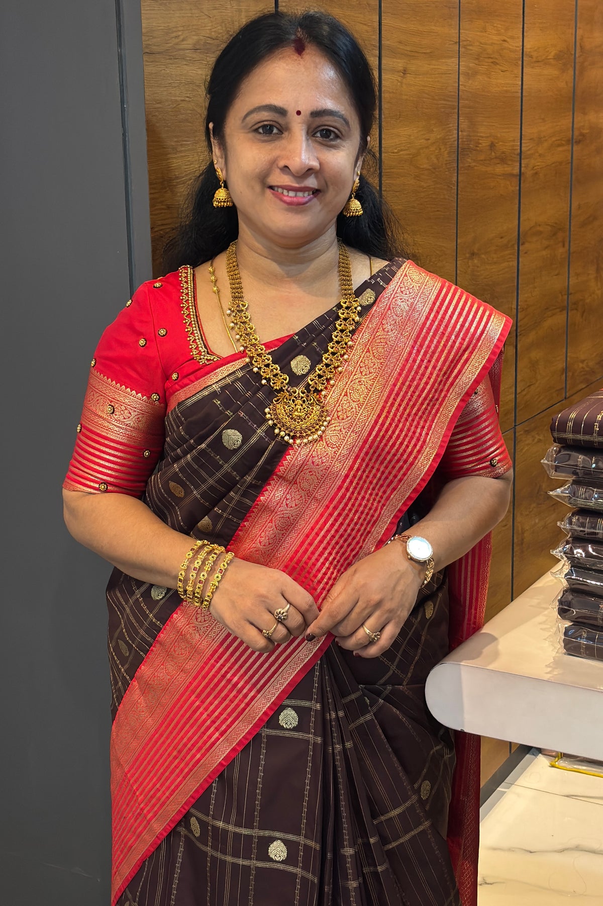 Kanchivaram Semi Silk | Coffee With Red | MBPS01