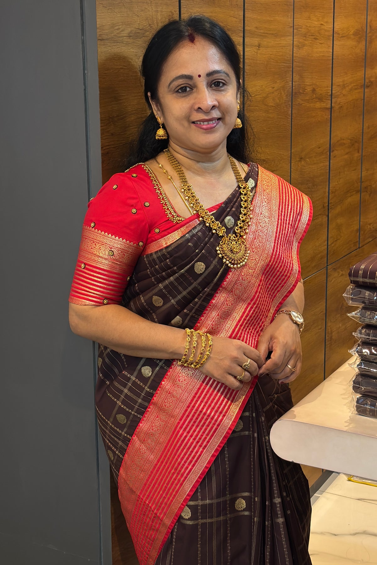 Kanchivaram Semi Silk | Coffee With Red | MBPS01