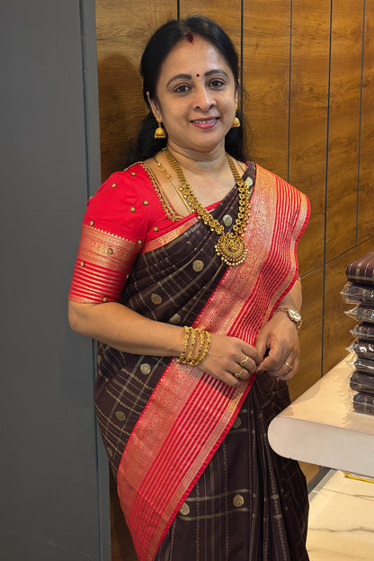 Kanchivaram Semi Silk | Coffee With Red | MBPS01