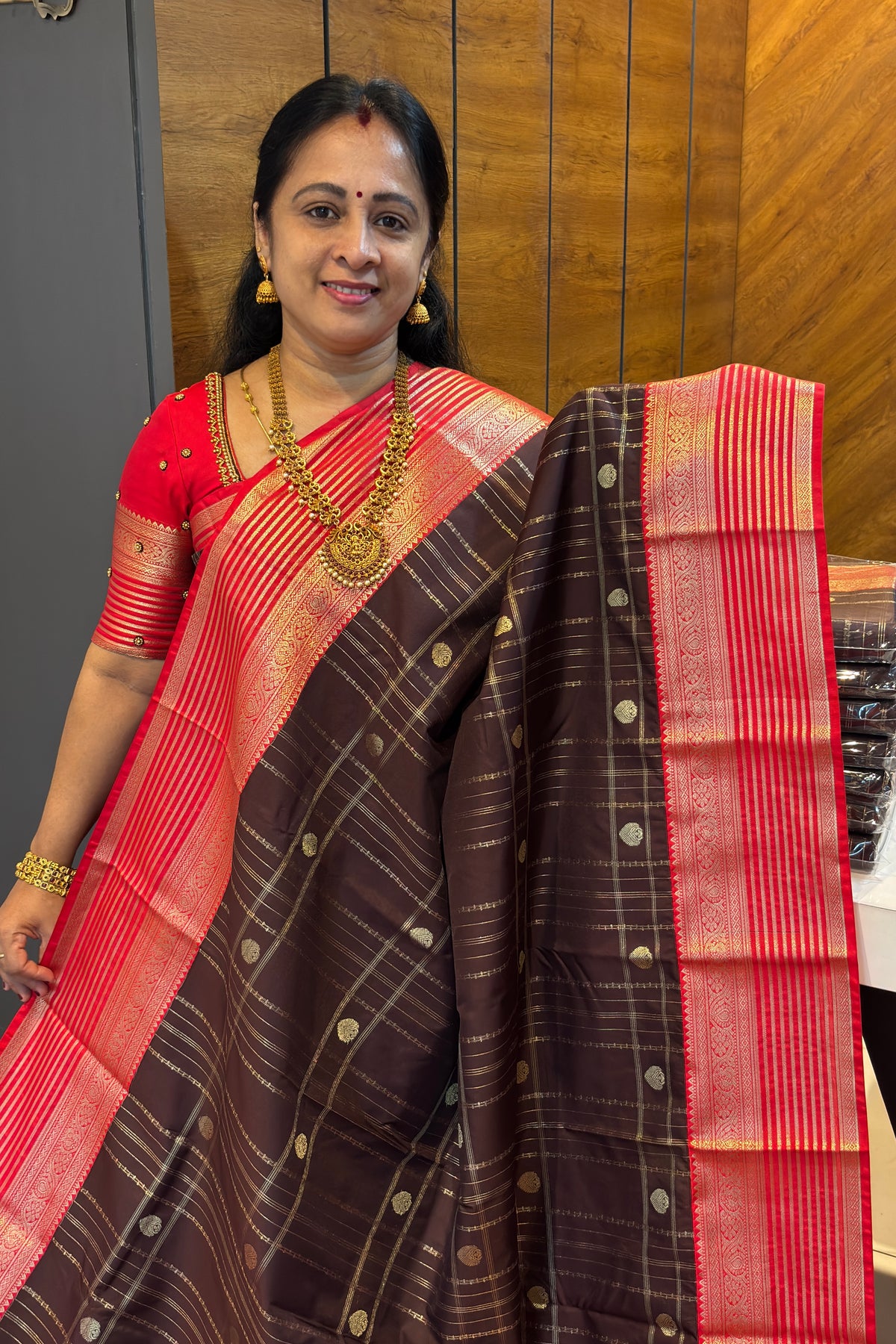 Kanchivaram Semi Silk | Coffee With Red | MBPS01