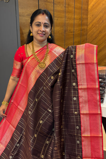 Kanchivaram Semi Silk | Coffee With Red | MBPS01