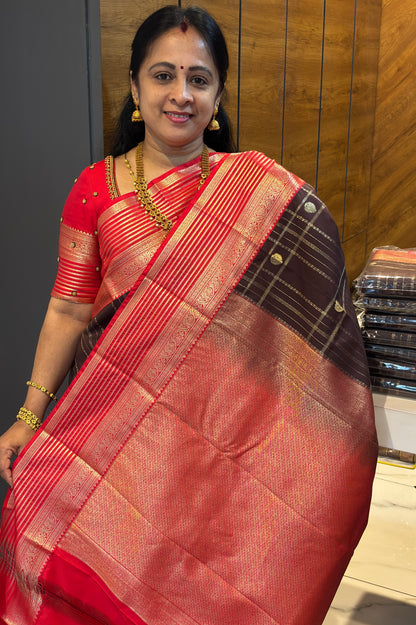 Kanchivaram Semi Silk | Coffee With Red | MBPS01