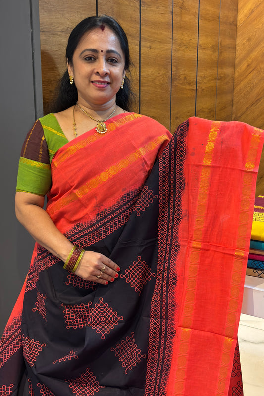 Premium Sungudi Cotton Saree – Kolam Prints- Navy  with Tomato Red Contrast Rettapet Border | SC30