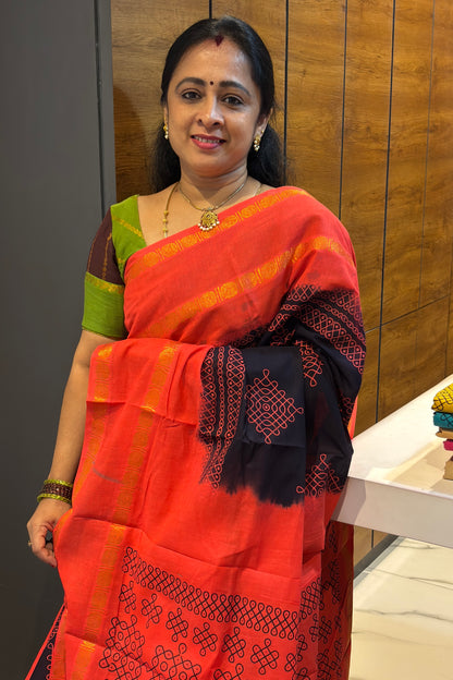 Premium Sungudi Cotton Saree – Kolam Prints- Navy  with Tomato Red Contrast Rettapet Border | SC30