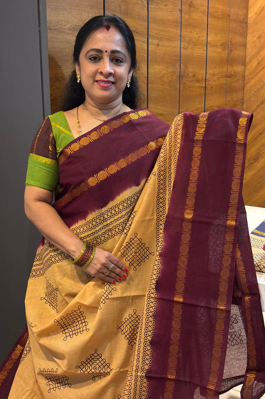 Premium Sungudi Cotton Saree – Kolam Prints- Gold with Maroon Contrast Rettapet Border | SC29