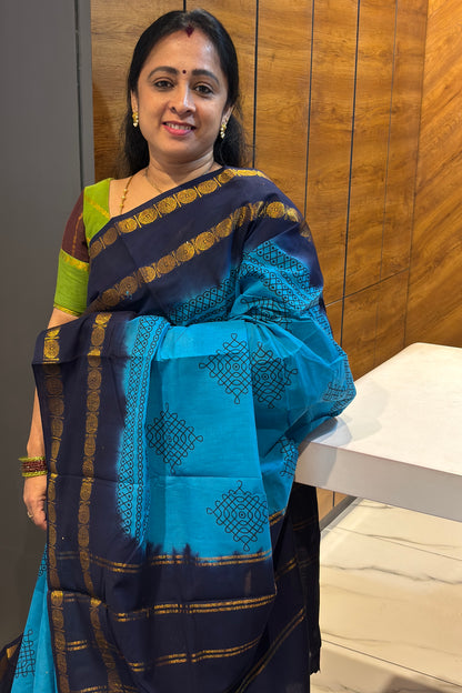Premium Sungudi Cotton Saree – Kolam Prints- Anandha Blue with Navy Contrast Rettapet Border | SC31