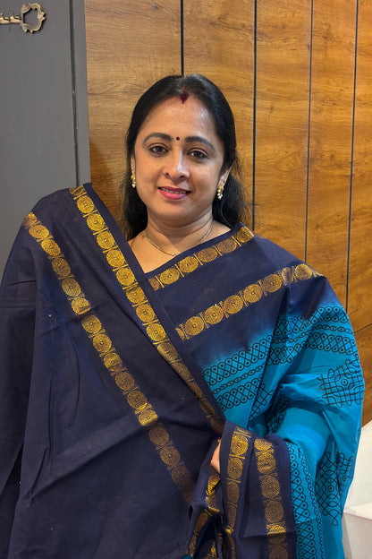 Premium Sungudi Cotton Saree – Kolam Prints- Anandha Blue with Navy Contrast Rettapet Border | SC31