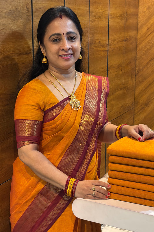 Meenakshi - Kanchi  Cotton | Mango Yellow with Maroon| MCK40