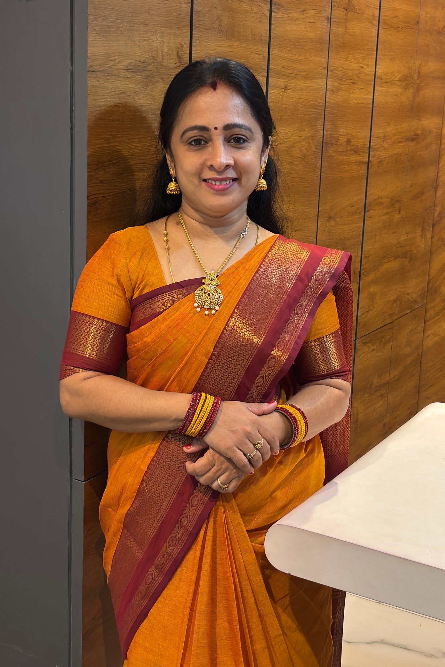 Meenakshi - Kanchi  Cotton | Mango Yellow with Maroon| MCK40