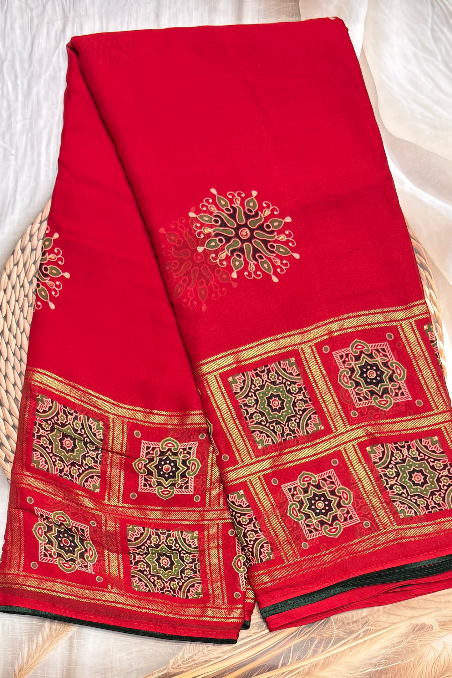 Premium Georgette Saree | Ajrak Foil | Red | MBPG12