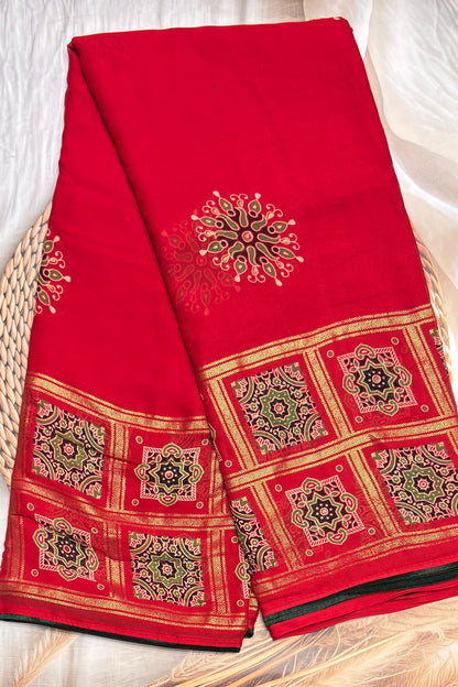 Premium Georgette Saree | Ajrak Foil | Red | MBPG12