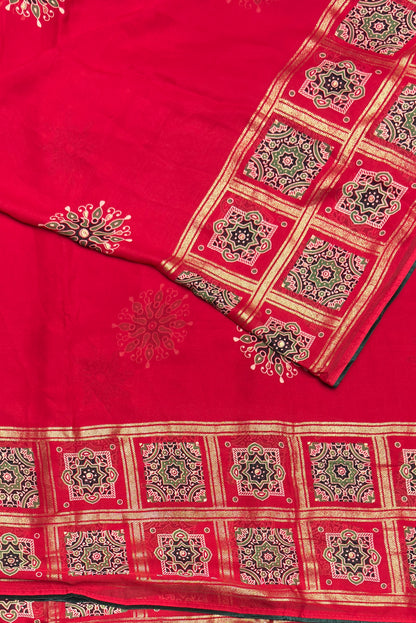 Premium Georgette Saree | Ajrak Foil | Red | MBPG12